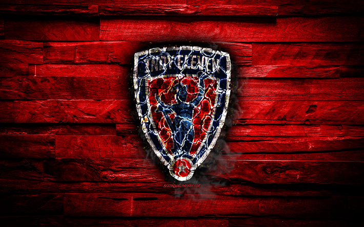 Indy Eleven FC, burning logo, USL Championship, red wooden background, american soccer club, Indy Eleven, grunge, football, soccer, Indy Eleven logo, Indianapolis, USA