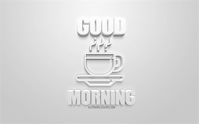 Buongiorno, tazza di caff&#232;, 3d, icona, segno, sfondo bianco, 3d arte, la mattina concetti, il caff&#232; del mattino