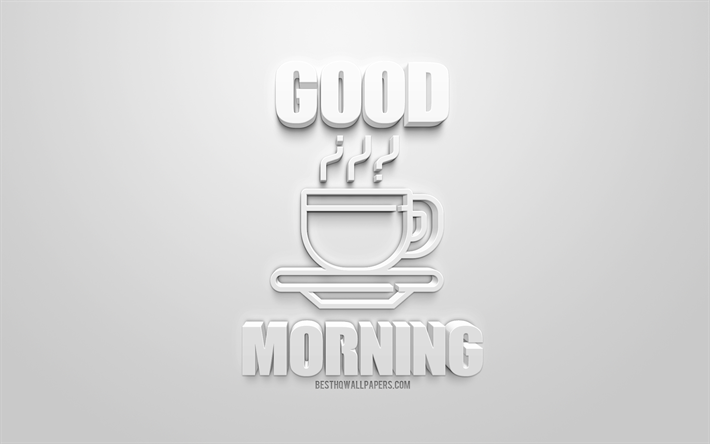 guten morgen, die tasse kaffee, ein 3d-symbol, 3d-schild, wei&#223;er hintergrund, 3d-kunst, morgen, konzepte, kaffee am morgen