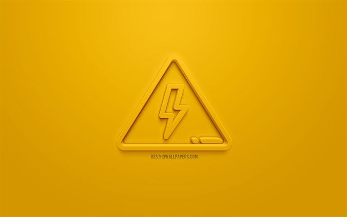 hochspannungs-3d-symbol, gelber hintergrund, 3d-symbole, hohe spannung, kreative 3d-kunst, 3d-icons, high voltage schild, warnschilder