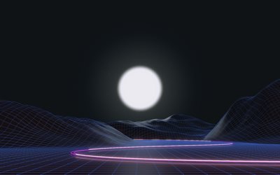 abstract nightscape, 4k, creative, 3D abstract landscapes, synthwave, 3D mountains, artwork, 3D art, moon