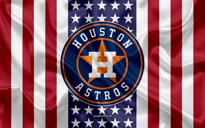 هيوستن أستروس, 4k, شعار, نسيج الحرير, العلم الأمريكي, البيسبول الأميركي النادي, MLB, هيوستن, تكساس, الولايات المتحدة الأمريكية, دوري البيسبول, البيسبول, الحرير العلم