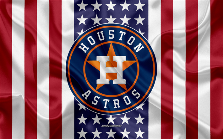Astros de Houston, 4k, le logo, l&#39;embl&#232;me, la texture de la soie, American flag, American club de baseball, MLB, Houston, Texas, etats-unis, de la Ligue Majeure de Baseball, baseball, drapeau de soie