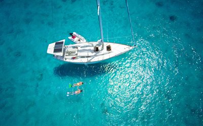 white yacht, sea, aerial view, divers, romantic place, summer travel, yacht