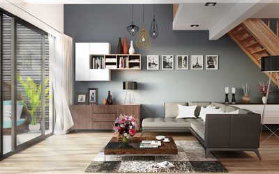 interni eleganti, soggiorno, due-appartamento al piano, arredamento di design, scala interna in legno, minimalismo, interni moderni, pareti grigie