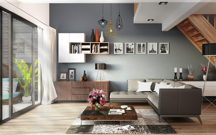 stylish interior, living room, two-floor apartment, modern interior design, wooden staircase, minimalism, modern interior, gray walls
