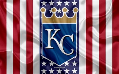 Kansas City Royals, 4k, logo, emblem, silk texture, American flag, American baseball club, MLB, Kansas City, Missouri, USA, Major League Baseball, baseball, silk flag