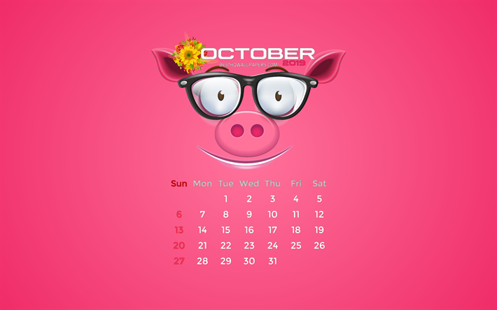 October 2019 Calendar, 4k, autumn, pink piggy, 2019 calendar, October 2019, creative, piggy with leaves, October 2019 calendar with pig, Calendar October 2019, pink background, 2019 calendars