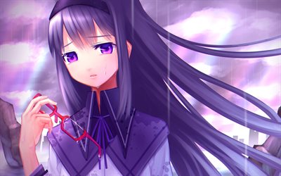 Akemi Homura manga, les pleurs de la fille, la Puella Magi, le protagoniste, Akemi Homura, la fille aux cheveux violets