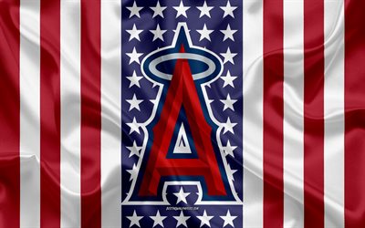Los Angeles Angels, 4k, logo, emblema, textura de seda, Bandeira americana, Americana de beisebol clube, MLB, Anaheim, Calif&#243;rnia, EUA, Major League Baseball, beisebol, seda bandeira