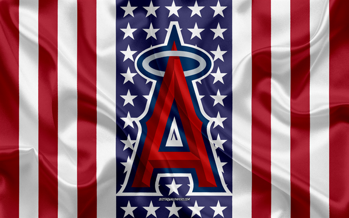 Los Angeles Angels, 4k, logo, tunnus, silkki tekstuuri, Amerikan lippu, Amerikkalainen baseball club, MLB, Anaheim, California, USA, Major League Baseball, baseball, silkki lippu