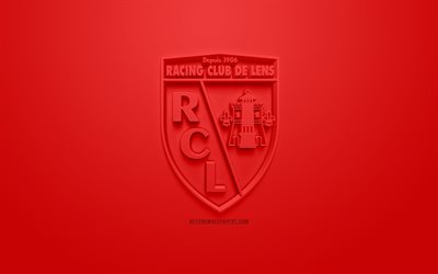 2 RC Lens, yaratıcı 3D logo, kırmızı bir arka plan, 3d amblem, Fransız Futbol Kul&#252;b&#252;, İzle, Lens, Fransa, 3d sanat, futbol, 3d logo şık