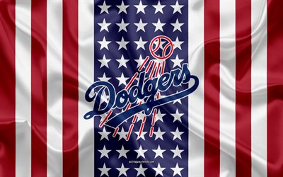 لوس انجليس دودجرز, 4k, شعار, نسيج الحرير, العلم الأمريكي, البيسبول الأميركي النادي, MLB, لوس أنجلوس, كاليفورنيا, الولايات المتحدة الأمريكية, دوري البيسبول, البيسبول, الحرير العلم