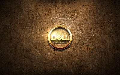 Dell golden logo, creative, brown metal background, Dell logo, brands, Dell