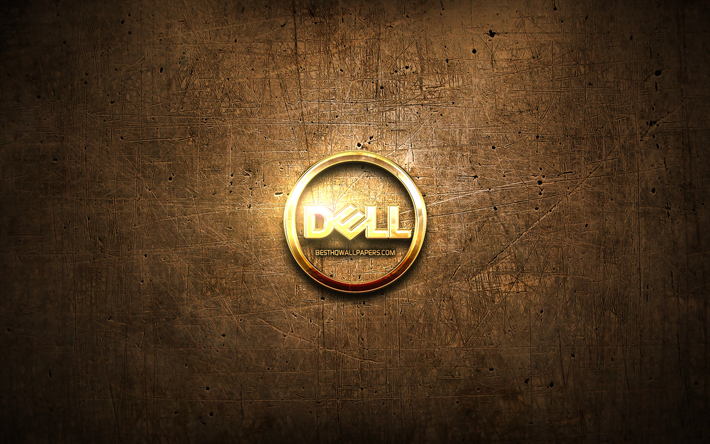 Dell oro logotipo, creativo, marr&#243;n metal de fondo, el logotipo de Dell, marcas, Dell