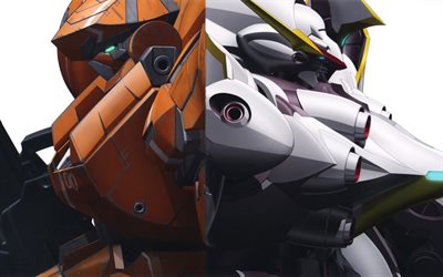 Mobile Suit Gundam, anime robots, white robot, orange robot, main characters, art