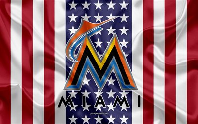 Miami Marlins, 4k, logo, emblem, silk texture, American flag, American baseball club, MLB, Miami, Florida, USA, Major League Baseball, baseball, silk flag