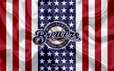Brewers de Milwaukee, 4k, le logo, l&#39;embl&#232;me, la texture de la soie, American flag, American club de baseball, MLB, Milwaukee, Wisconsin, &#233;tats-unis, de la Ligue Majeure de Baseball, baseball, drapeau de soie