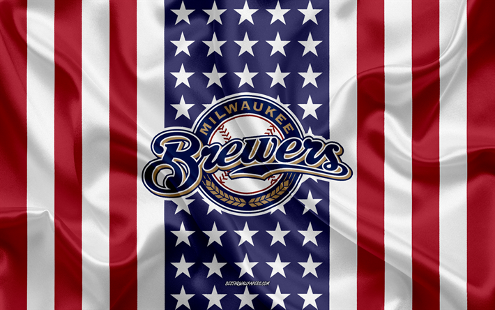 Milwaukee Brewers, 4k, logo, emblem, silk texture, American flag, American baseball club, MLB, Milwaukee, Wisconsin, USA, Major League Baseball, baseball, silk flag