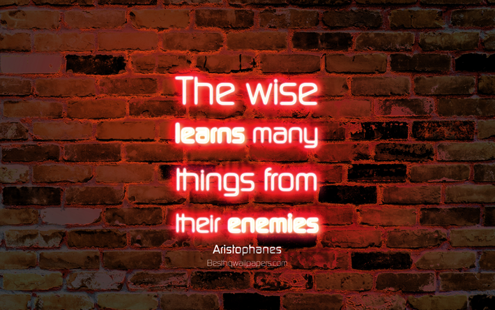 The wise learns many things from their enemies, 4k, orange brick wall, Aristophanes Quotes, neon text, inspiration, Aristophanes, quotes about learning
