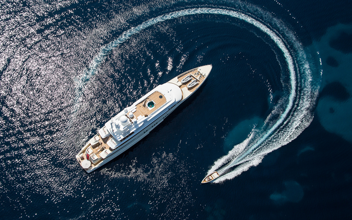 luxury white yacht, aerial view, sea, waves, boat, large yacht, summer travel, travel concepts