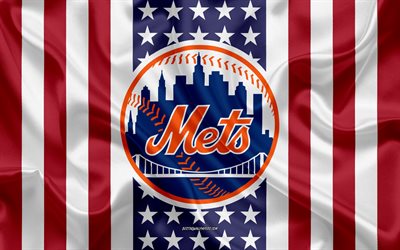 New York Mets, 4k, logo, emblem, silk texture, American flag, American baseball club, MLB, New York, USA, Major League Baseball, baseball, silk flag