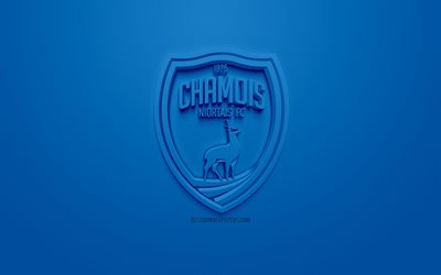 シャモワNiortais FC, 創作3Dロゴ, 青色の背景, 3dエンブレム, フランスのサッカークラブ, リーグ2, ニオー, フランス, 3dアート, サッカー, お洒落な3dロゴ