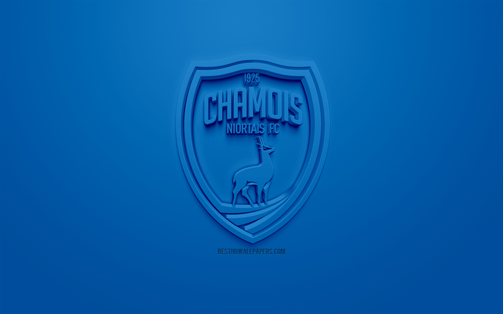 Chamois Niortais FC, creative 3D logo, blue background, 3d emblem, French football club, Ligue 2, Niort, France, 3d art, football, stylish 3d logo