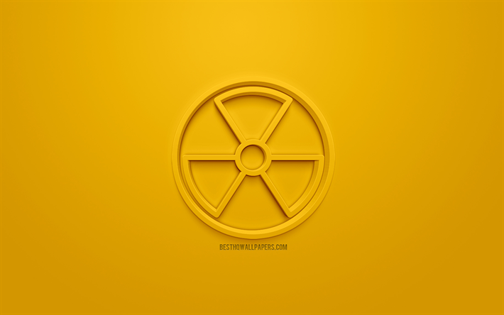 Segno radioattivo, simbolo di Pericolo, Nucleare, 3d, icona, segnale di pericolo di Radiazioni, sfondo giallo, simboli 3d, creativo, arte 3d, 3d icone, segno, segnali di avvertimento