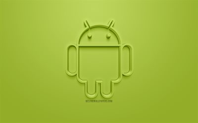 Android, logo, Robot, green background, 3d art, 3d Android logo, emblem, creative art, 3d robot