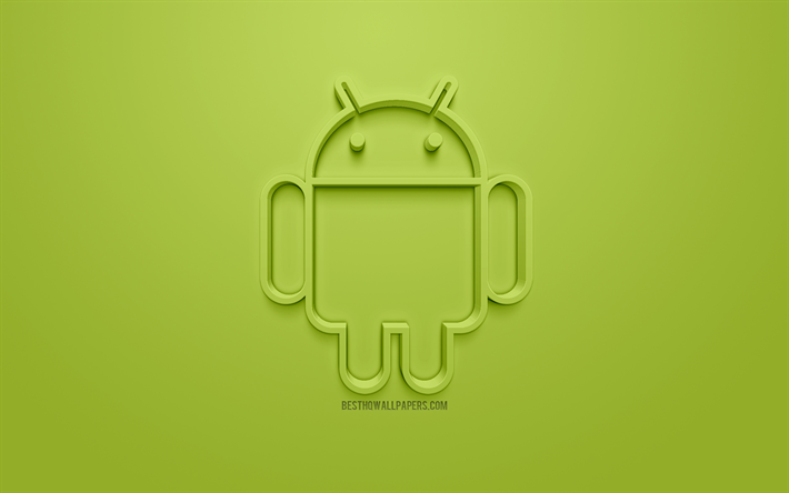 Android, logo, Rob&#244;, fundo verde, Arte 3d, 3d Android logotipo, emblema, arte criativa, 3d rob&#244;
