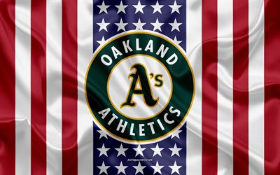 Oakland Athletics, 4k, logo, tunnus, silkki tekstuuri, Amerikan lippu, Amerikkalainen baseball club, MLB, Oakland, California, USA, Major League Baseball, baseball, silkki lippu