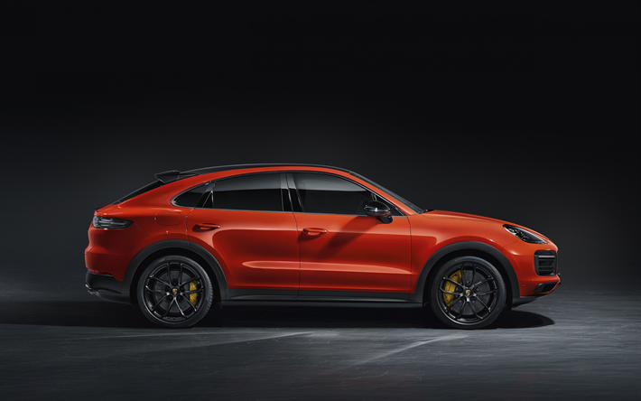 Porsche Cayenne Coupe, 2019, side view, exterior, new orange Cayenne Coupe, black wheels, Porsche