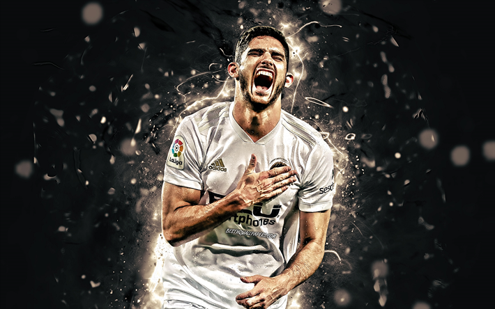 Goncalo Guedes, goal, Valencia CF, La Liga, portuguese footballers, Midfielder, football, neon lights, Goncalo Manuel Ganchinho Guedes, soccer, Valencia FC, LaLiga