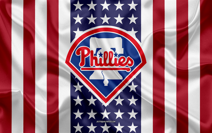 Philadelphia Phillies, 4k, logo, emblem, silk texture, American flag, American baseball club, MLB, Philadelphia, Pennsylvania, USA, Major League Baseball, baseball, silk flag