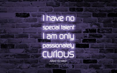 Jag har ingen speciell talang jag &#228;r bara passionerat nyfiken, 4k, violett tegelv&#228;gg, Albert Einstein Citat, neon text, inspiration, Albert Einstein, citat om nyfikenhet