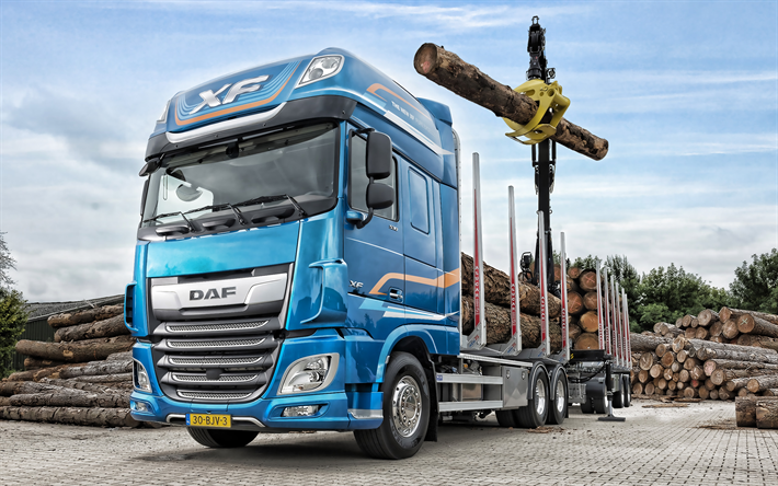 DAF XF, 2019, XF530, tree loading, timber bar transportation, truck with manipulator, cargo, new blue XF, DAF