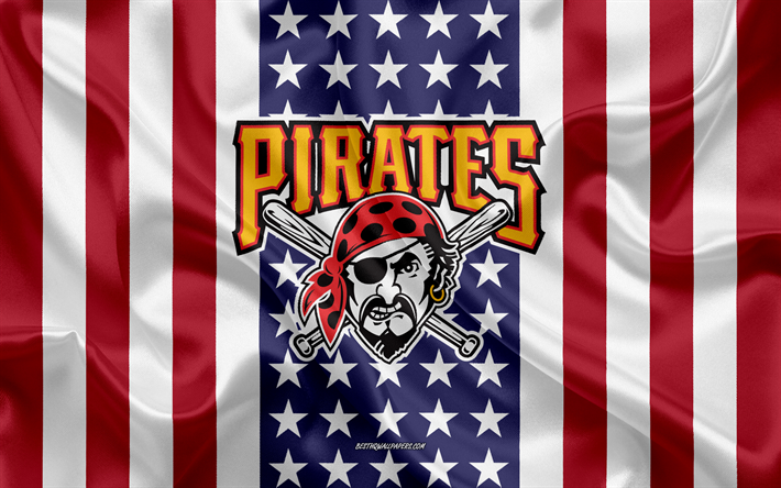 Pittsburgh Pirates, 4k, logo, emblem, silk texture, American flag, American baseball club, MLB, Pittsburgh, Pennsylvania, USA, Major League Baseball, baseball, silk flag
