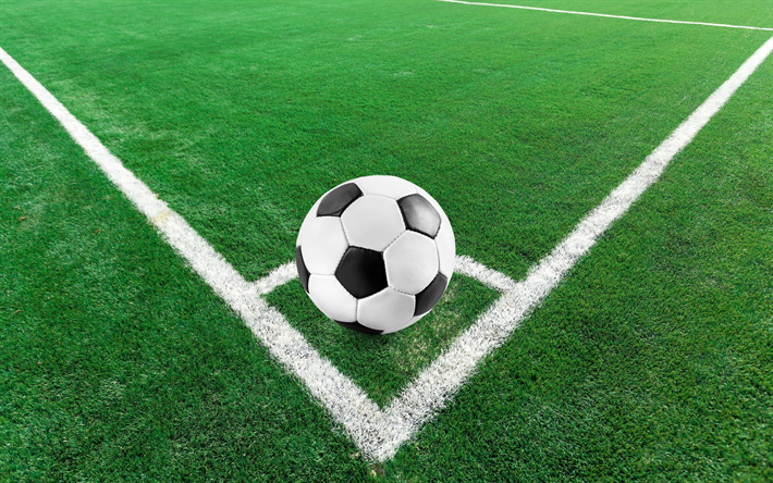 palla da calcio d&#39;angolo di un campo da calcio, verde tappeto erboso di calcio, calcio concetti, stadio