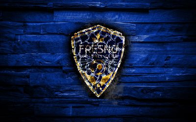 Fresno FC, burning logo, USL Championship, blue wooden background, american soccer club, FC Fresno, grunge, football, soccer, Fresno logo, Fresno, USA