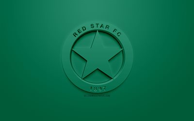 2 Red Star FC, yaratıcı 3D logo, yeşil arka plan, 3d amblem, Fransız Futbol Kul&#252;b&#252;, T&#252;rk, Paris, Fransa, 3d sanat, futbol, 3d logo şık