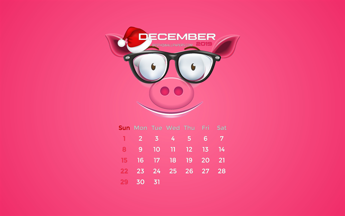 December 2019 Calendar, 4k, winter, pink piggy, 2019 calendar, December 2019, creative, piggy with santa hat, December 2019 calendar with pig, Calendar December 2019, pink background, 2019 calendars