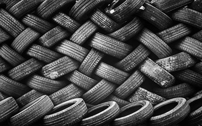 utilizzato pneumatici per auto, 4k, pneumatici, ruote in gomma, pneumatici texture, sfondo nero, macro, ruote texture di sfondo con ruote