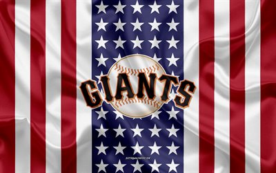 San Francisco Giants, 4k, logo, emblem, silk texture, American flag, American baseball club, MLB, San Francisco, California, USA, Major League Baseball, baseball, silk flag