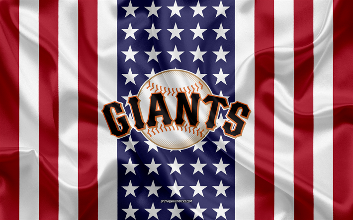 サンフランシスコの巨人, 4k, ロゴ, エンブレム, シルクの質感, アメリカのフラグ, アメリカ野球クラブ, MLB, サンフランシスコ, カリフォルニア, 米国, メジャーリーグベースボール, 野球, 絹の旗を