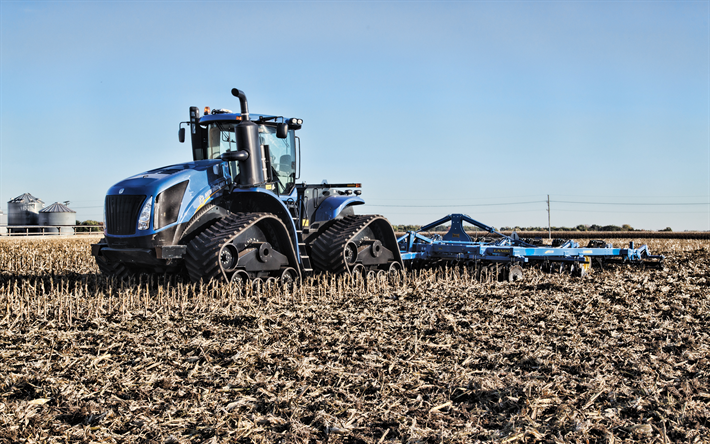 New Holland T9 700, 4k, plowing field, 2019 tractors, agricultural machinery, crawler, HDR, blue tractor, agriculture, harvest, New Holland Agriculture