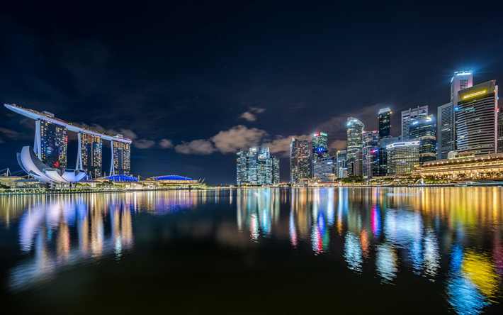Singapur, Marina Bay, gece, bay, g&#246;kdelenler, şehir, Marina Bay Sands hotel