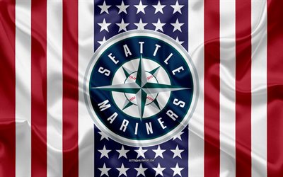 Seattle Mariners, 4k, logo, emblem, silk texture, American flag, American baseball club, MLB, Seattle, Washington, USA, Major League Baseball, baseball, silk flag