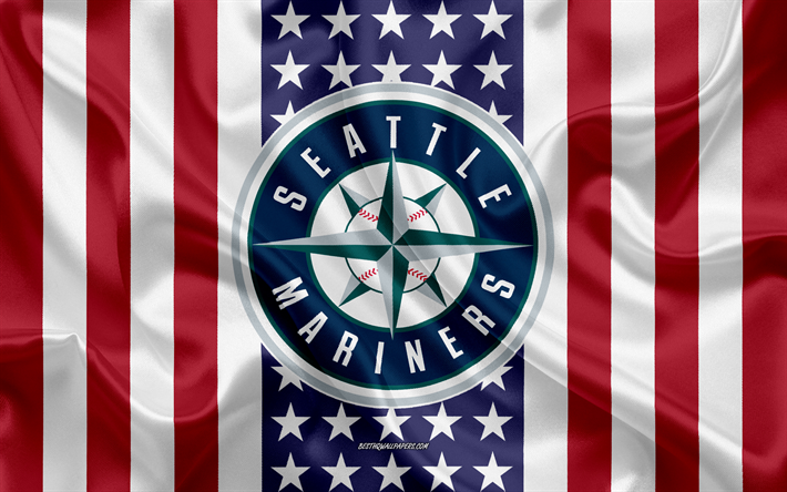 Seattle Mariners, 4k, logotyp, emblem, siden konsistens, Amerikanska flaggan, Amerikansk baseball club, MLB, Seattle, Washington, USA, Major League Baseball, baseball, silk flag