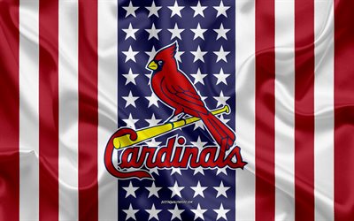 سانت لويس الكاردينالات, 4k, شعار, نسيج الحرير, العلم الأمريكي, البيسبول الأميركي النادي, MLB, سانت لويس, ميسوري, الولايات المتحدة الأمريكية, دوري البيسبول, البيسبول, الحرير العلم